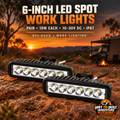 Pair of 6-inch 18W LED spot work lights shown in a Dirt to Dust sunset off-road product ad