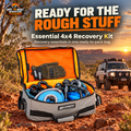 Illustrative Dirt to Dust branded lifestyle scene showing the Carbon Offroad Essential 4x4 Recovery Kit on an Australian outback track.