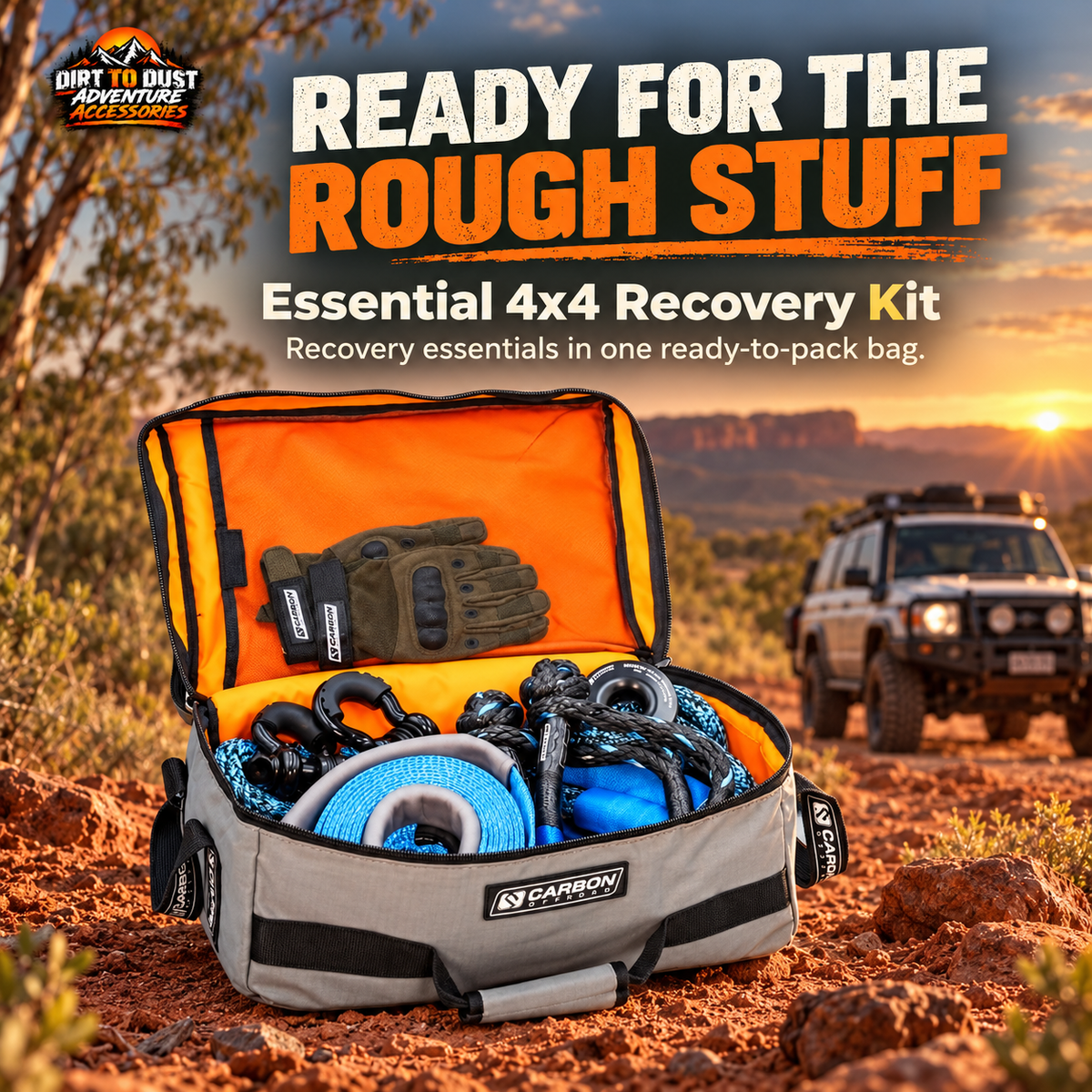 Illustrative Dirt to Dust branded lifestyle scene showing the Carbon Offroad Essential 4x4 Recovery Kit on an Australian outback track.