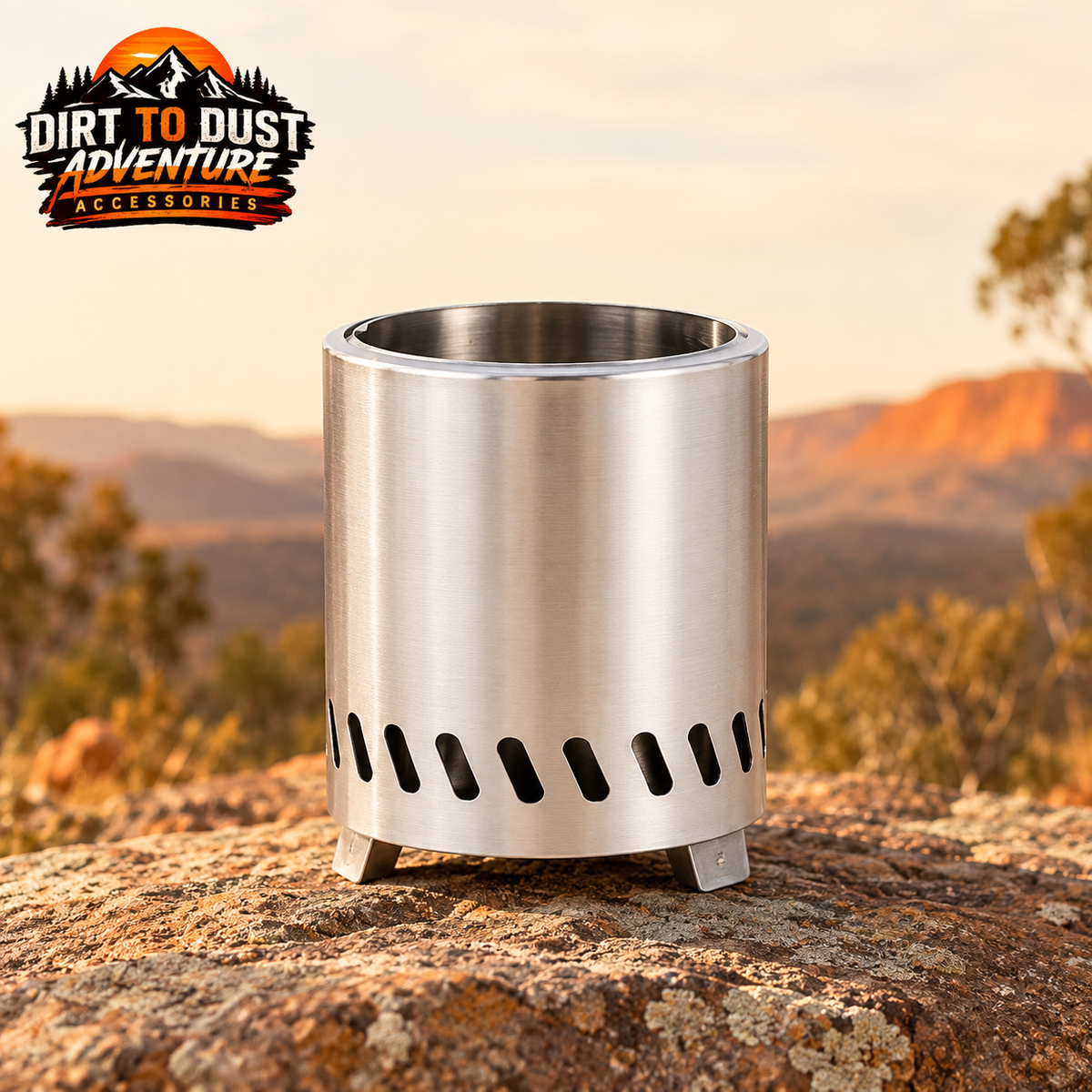 Branded cylindrical stainless steel camping wood stove