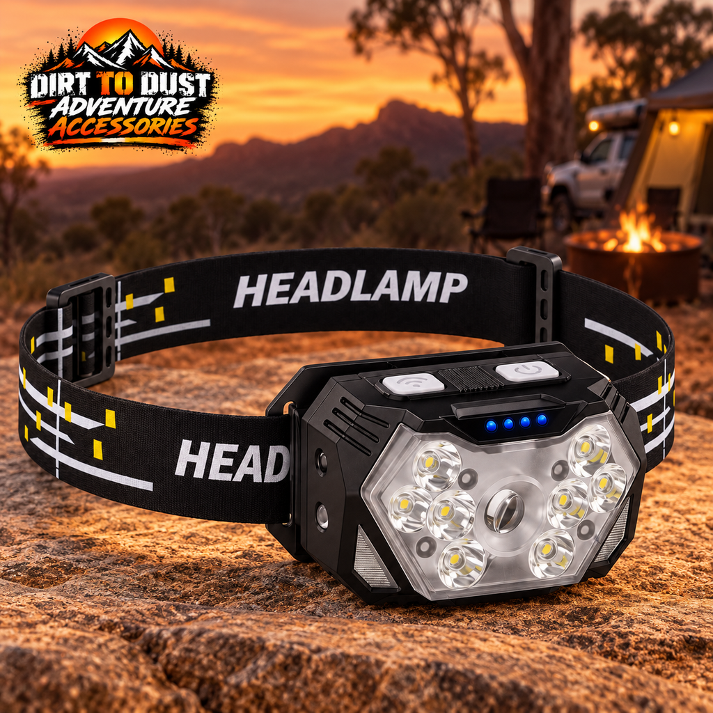 9 LED rechargeable headlamp branded by Dirt to Dust Adventure Accessories