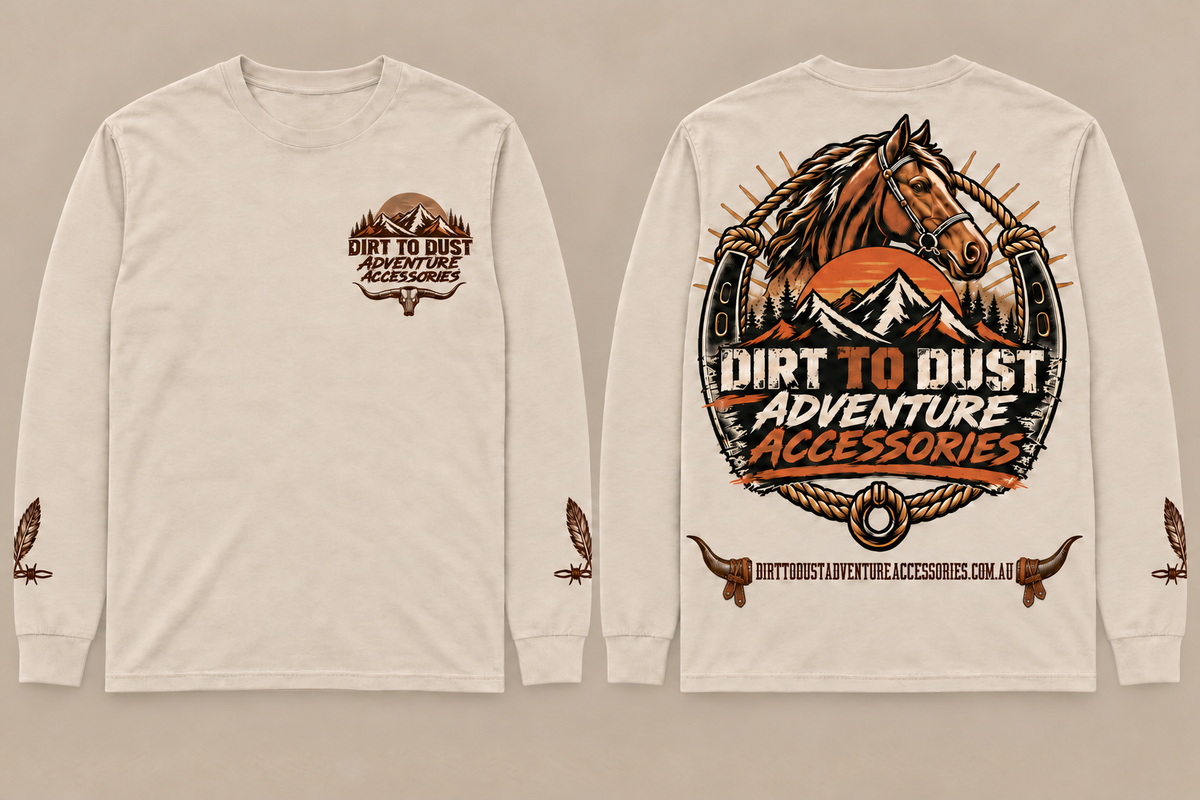 Sand Dirt to Dust Horseshoe Crest long sleeve tee, front and back product mockup showing the chest mark, stockhorse back artwork and sleeve details.