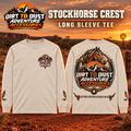 Dirt to Dust Horseshoe Crest stockhorse long sleeve tee in sand, front and back, displayed in a red-dirt outback campaign.