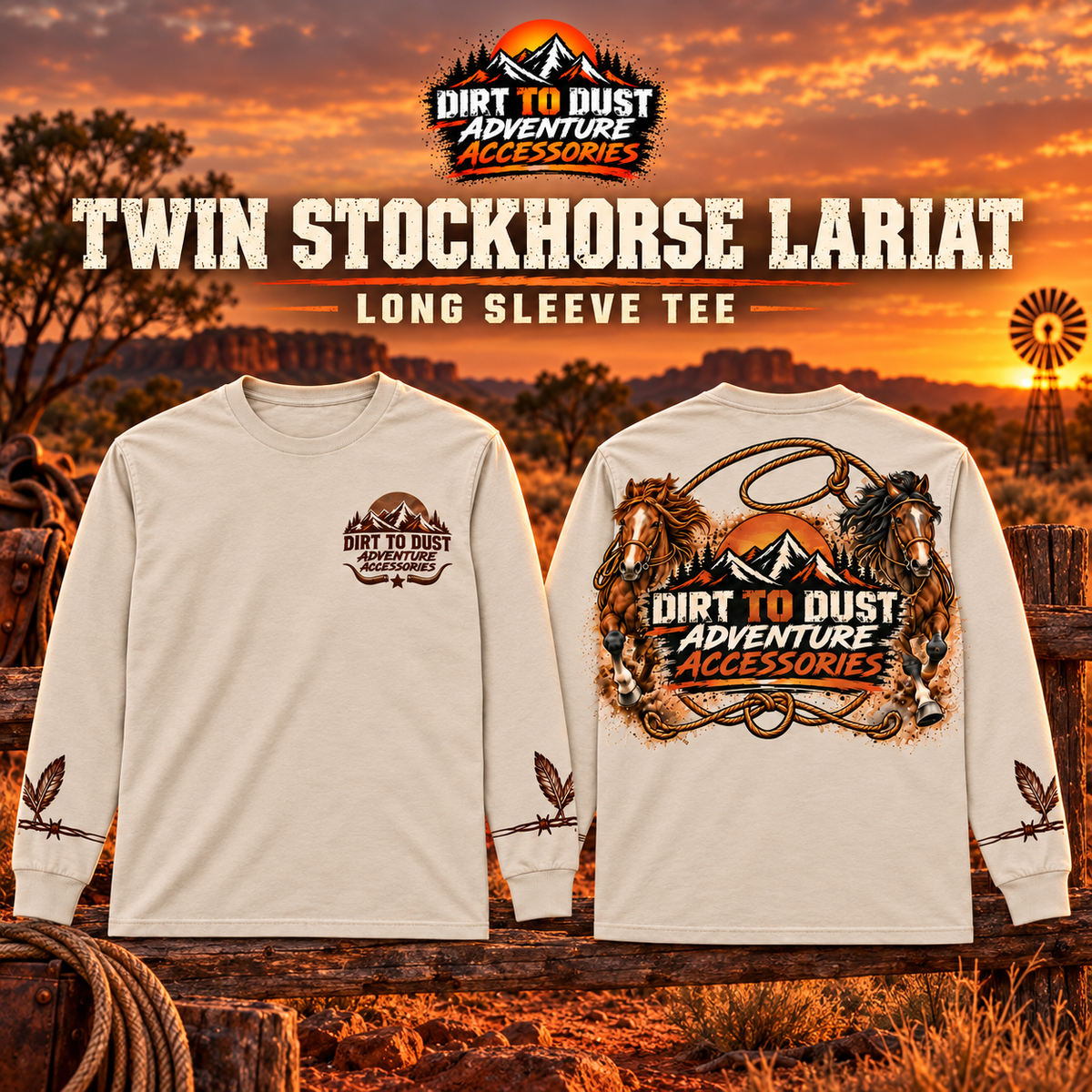 Dirt to Dust Twin Stockhorse Lariat long sleeve tee in sand, front and back shown at Australian outback sunset