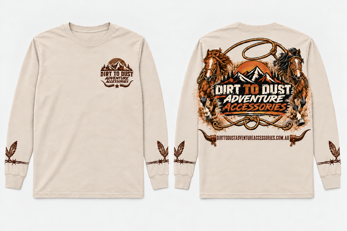 Original sand long sleeve shirt mockup showing Dirt to Dust chest mark, twin stockhorse and lariat back design, and feathered sleeve details