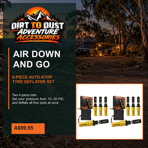 Dirt to Dust eight-piece automatic tyre deflator set, adjustable 10–30 PSI, shown for 4WD touring