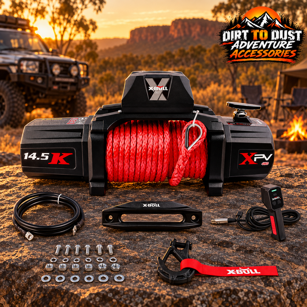 X-BULL 14500LB 12V electric winch kit with Dirt to Dust Adventure Accessories branding