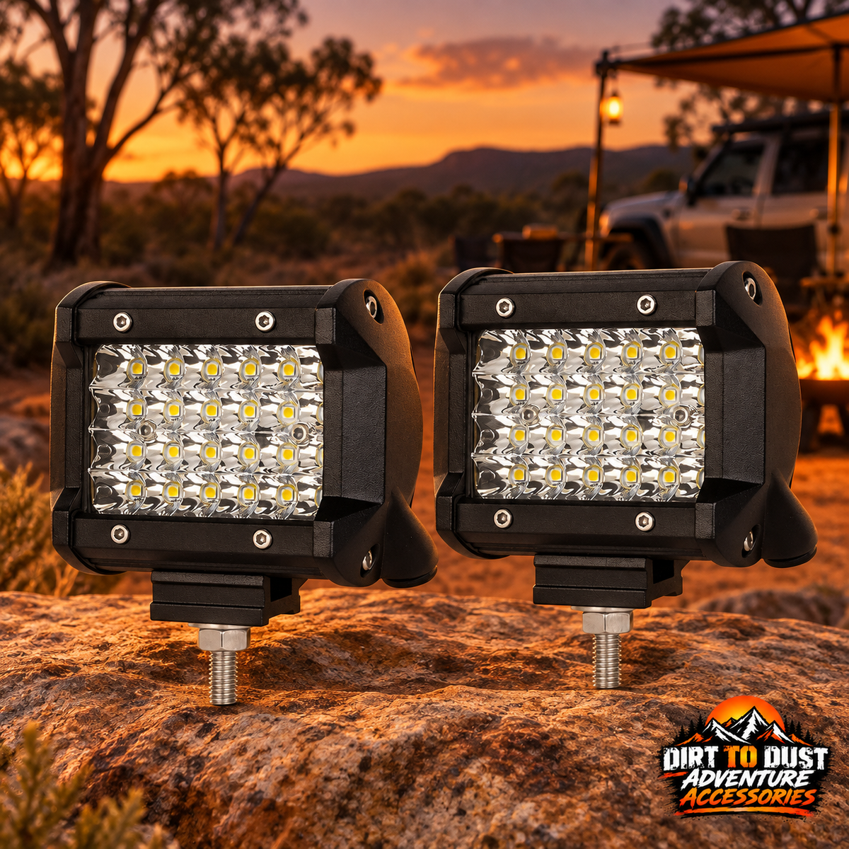 Pair of 4-inch LED work lights branded by Dirt to Dust Adventure Accessories