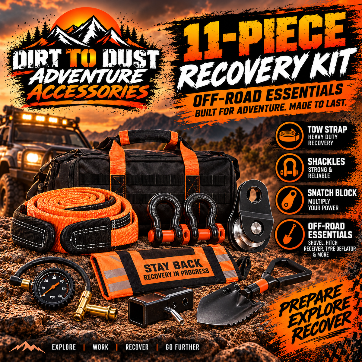Dirt to Dust promotional artwork for the X-BULL 11-piece recovery kit with tow strap, shackles and recovery accessories.