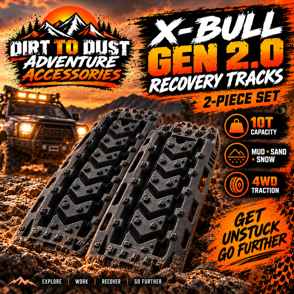 Dirt to Dust promotional artwork showing a black two-piece set of X-BULL Gen 2.0 recovery tracks.