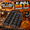 Dirt to Dust promotional artwork showing a black two-piece set of X-BULL Gen 2.0 recovery tracks.