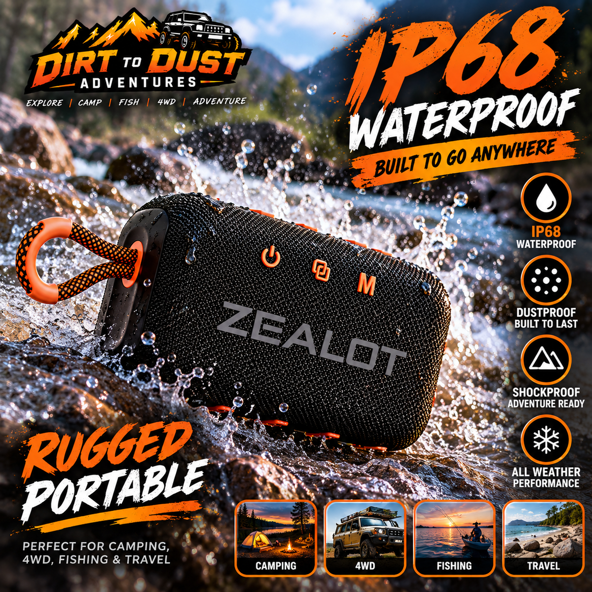 Dirt to Dust S75 Waterproof Bluetooth Camping Speaker – TWS Stereo