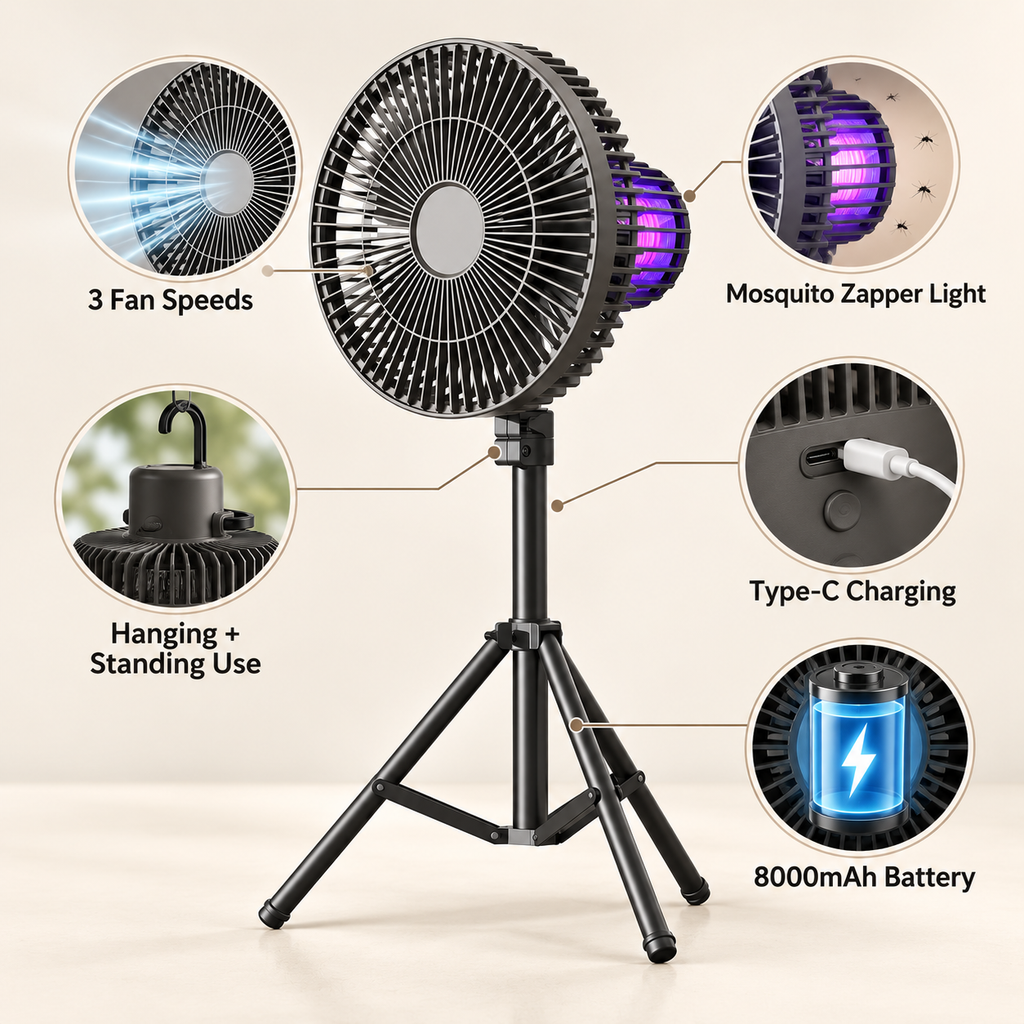 5-in-1 Camping Fan – Fan, LED Light, Bug Zapper, Power Bank & Tripod