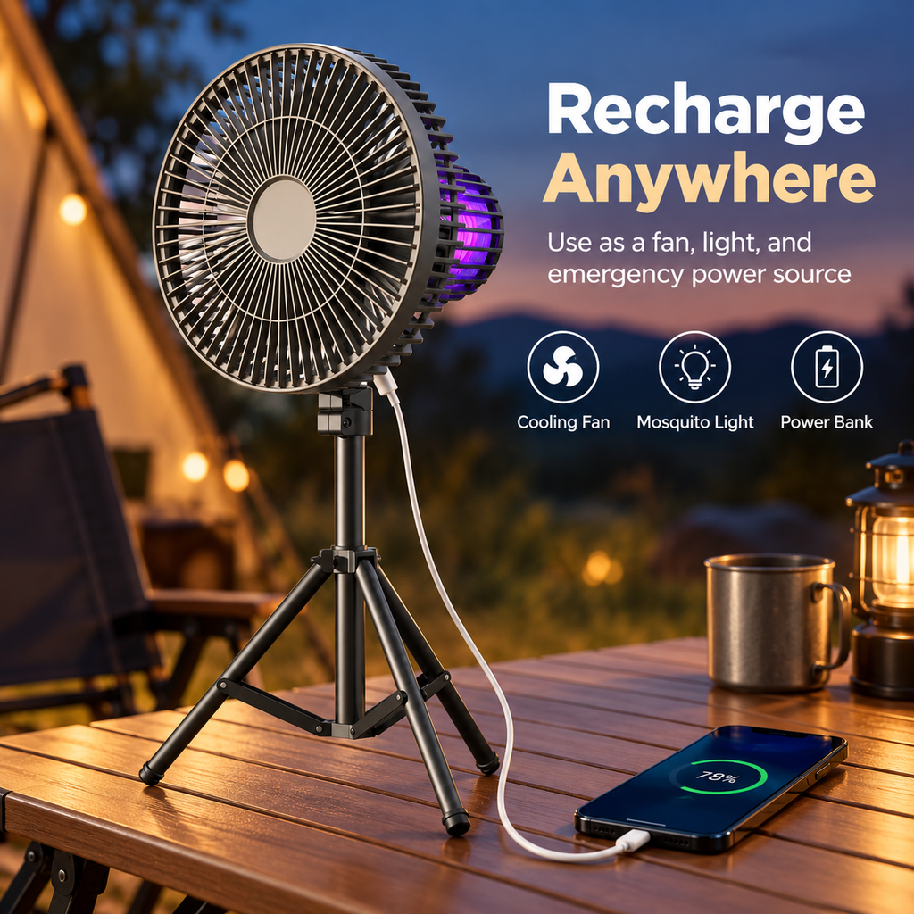 5-in-1 Camping Fan – Fan, LED Light, Bug Zapper, Power Bank & Tripod