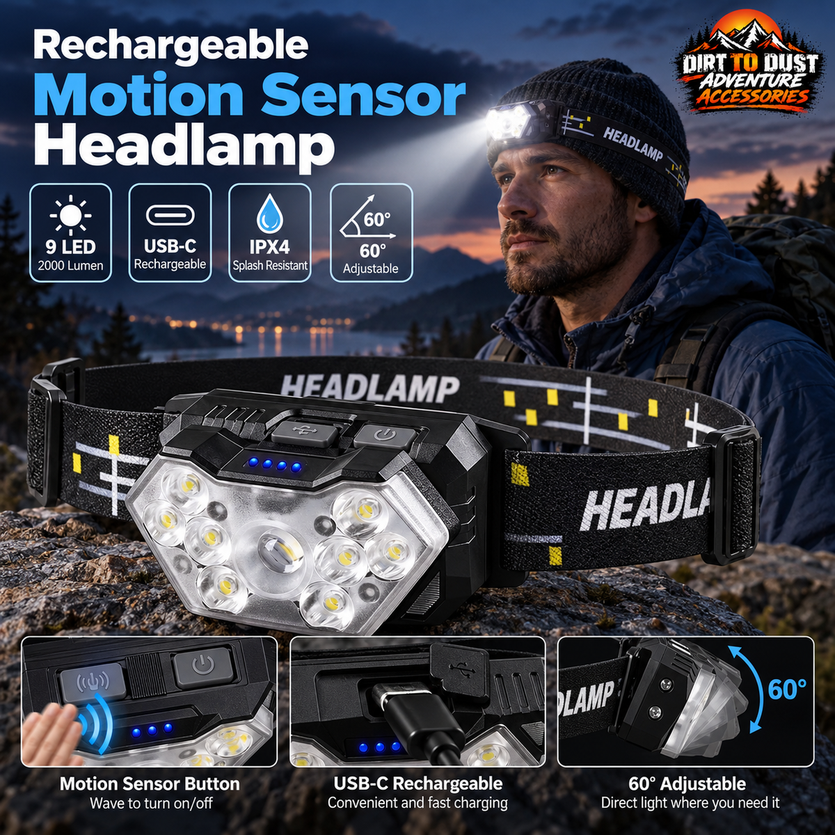 9 LED Rechargeable Headlamp – Motion Sensor Camping, Fishing & Outdoor Head Light