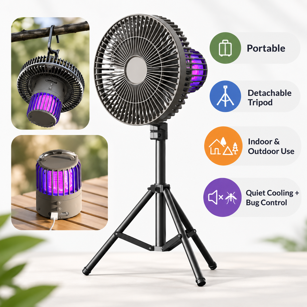 5-in-1 Camping Fan – Fan, LED Light, Bug Zapper, Power Bank & Tripod