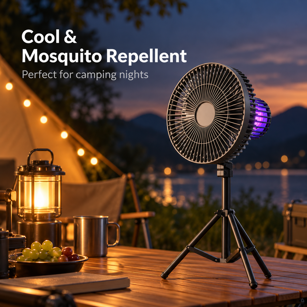 5-in-1 Camping Fan – Fan, LED Light, Bug Zapper, Power Bank & Tripod