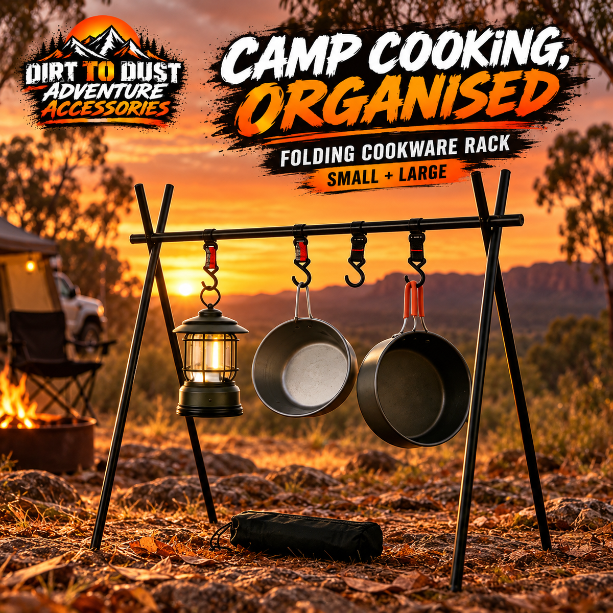 Freestanding folding camping cookware rack with multiple hanging positions, branded Dirt to Dust Adventure Accessories hero image.