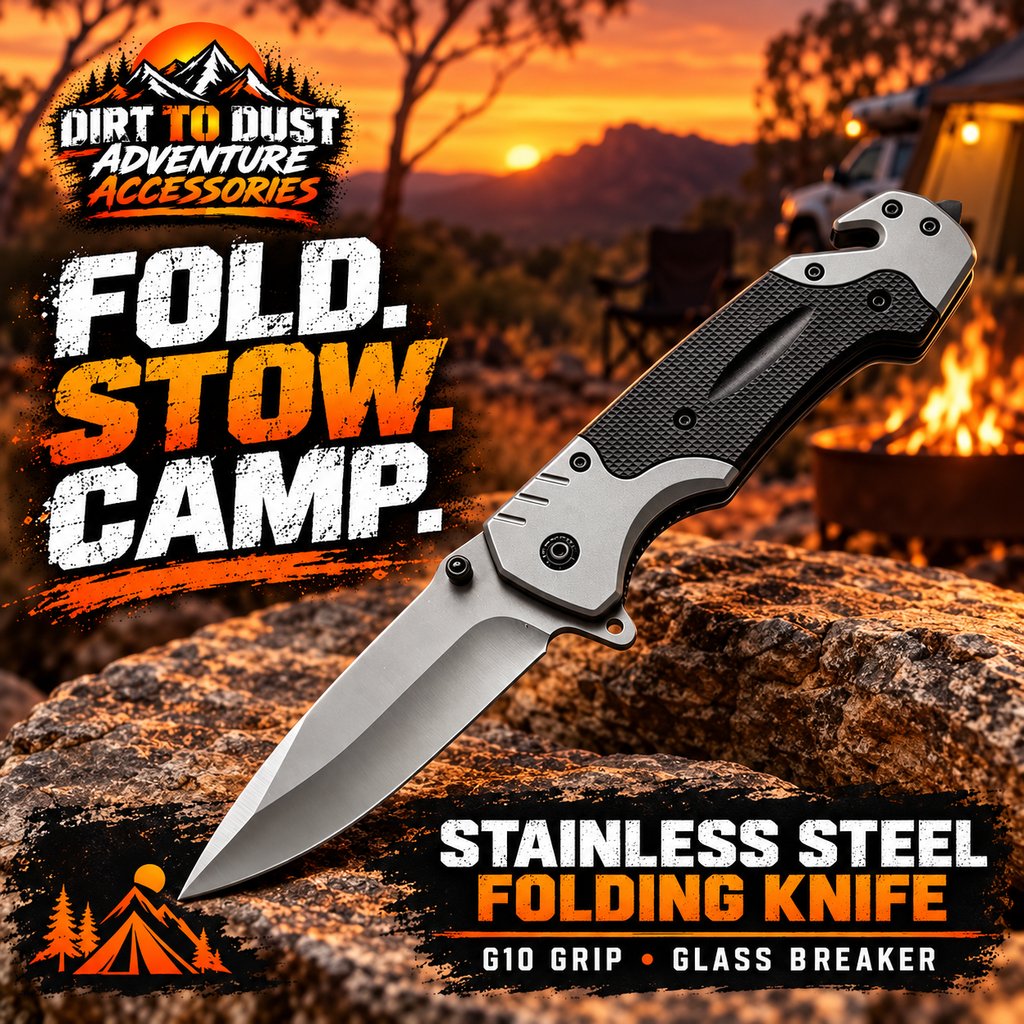 G10 folding camping knife with a glass breaker, branded Dirt to Dust Adventure Accessories hero image.