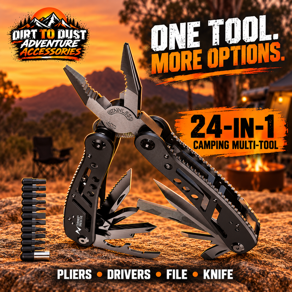 Sanke Rescue 24-in-1 camping multi-tool with sheath, branded Dirt to Dust Adventure Accessories hero image.