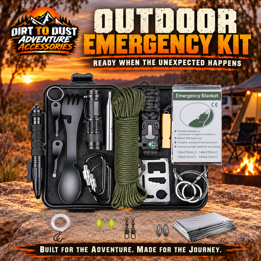 Branded Dirt to Dust Adventure Accessories outdoor emergency kit ad showing the pictured kit in its case.