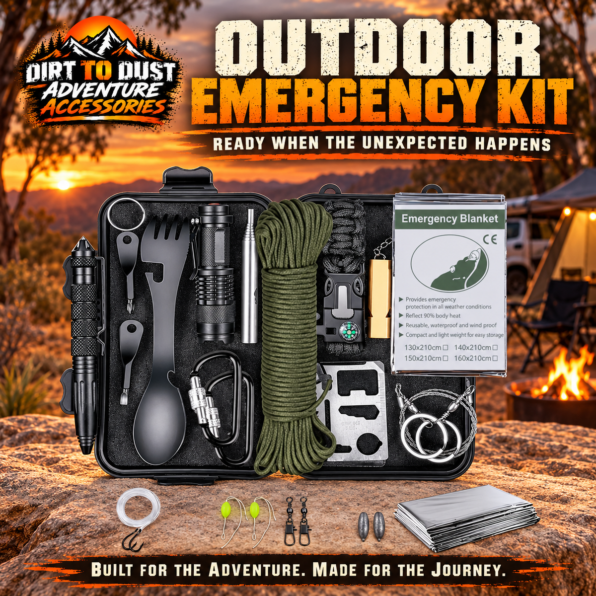 Branded Dirt to Dust Adventure Accessories outdoor emergency kit ad showing the pictured kit in its case.