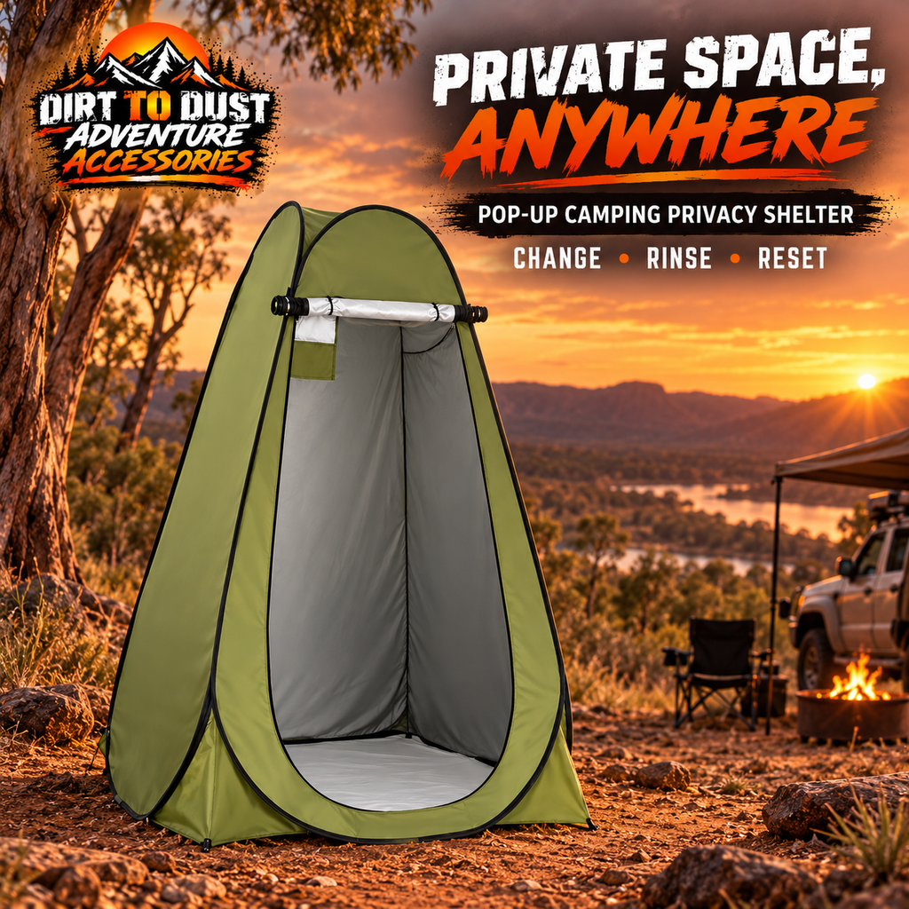 Single-person pop-up camping privacy shelter, branded Dirt to Dust Adventure Accessories hero image.