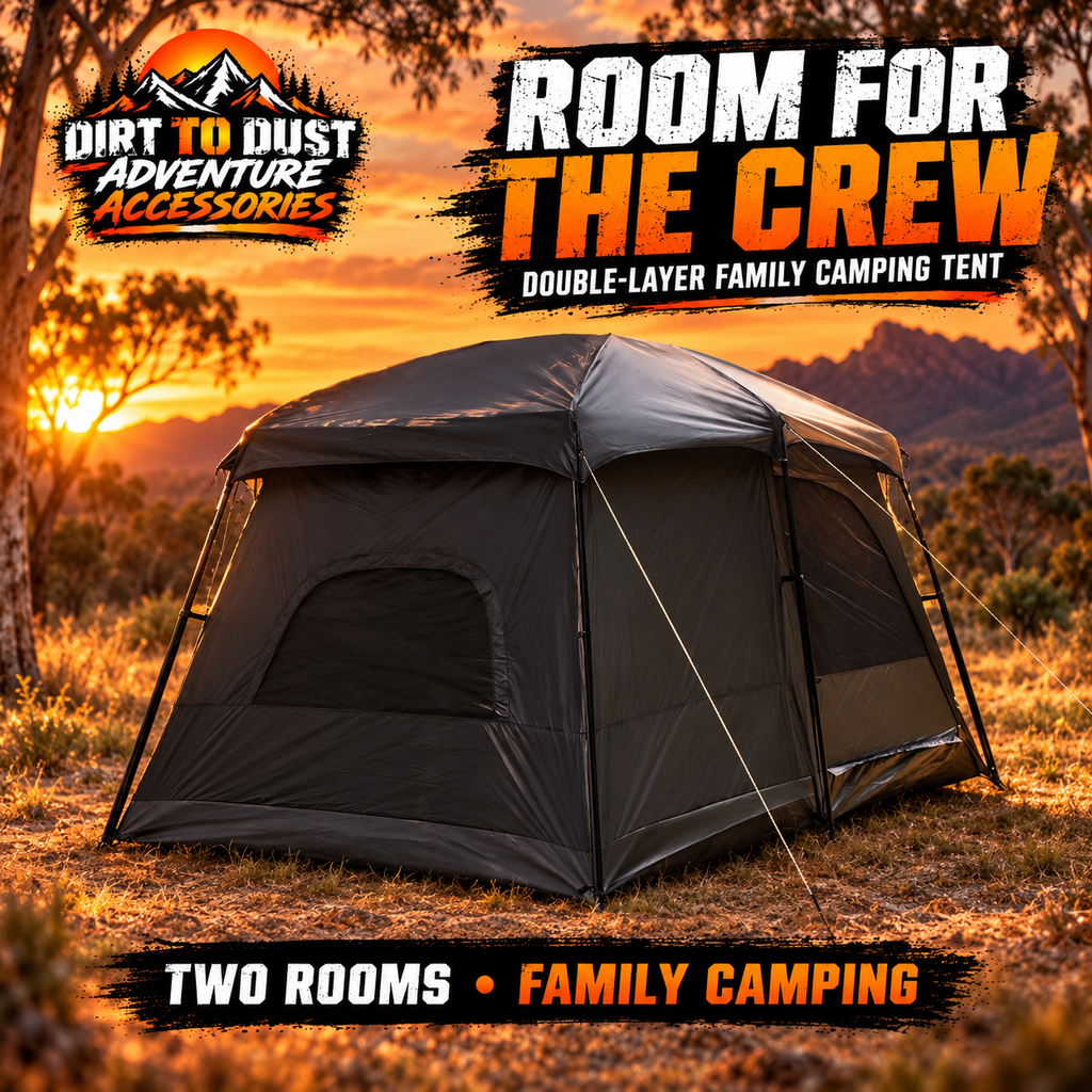 Double-layer family cabin tent with two bedrooms and living area, branded Dirt to Dust Adventure Accessories hero image.
