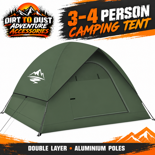 Green 3–4 person double-layer trekking tent, branded Dirt to Dust Adventure Accessories hero image.
