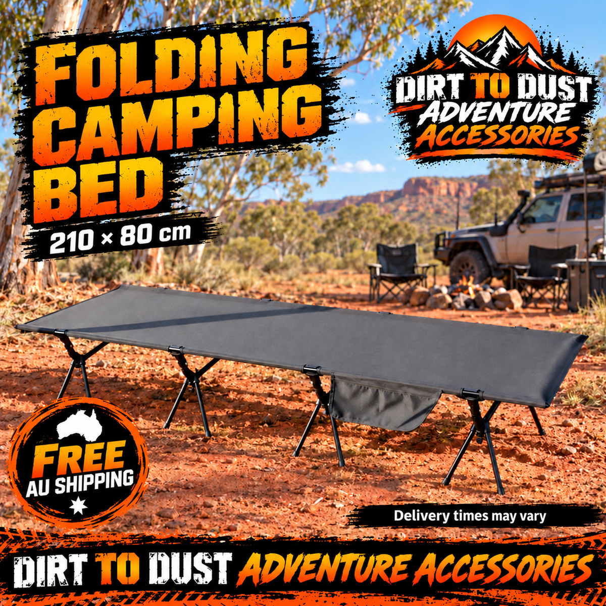 Dirt to Dust folding camping bed advertising image, 210 by 80 cm, free Australian shipping