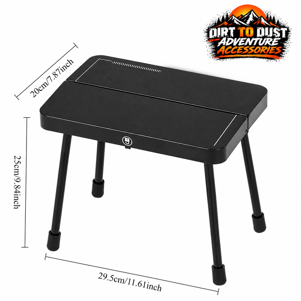 Black folding camping stool dimensions: 29.5 cm leg span, 20 cm seat depth and 25 cm height.