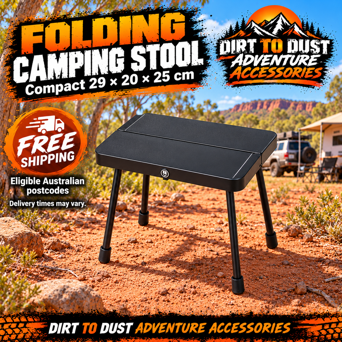 Compact black folding camping stool with Dirt To Dust branding and free shipping to eligible Australian postcodes.