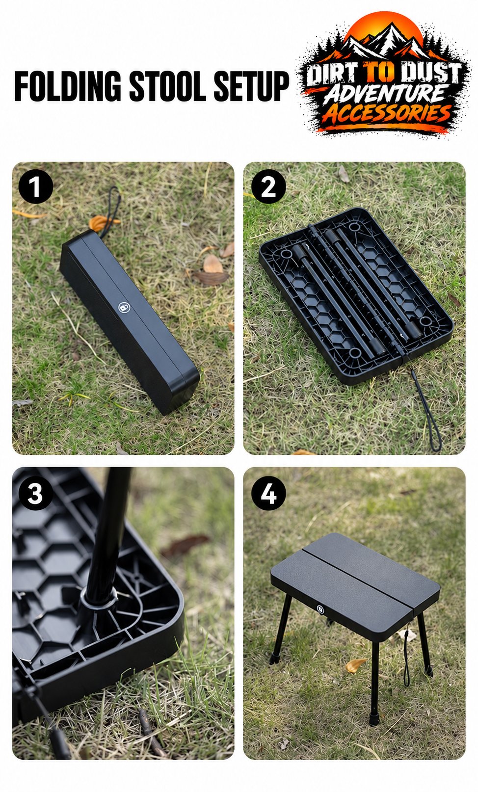 Four views showing the folded stool, leg storage, leg fitting and assembled stool.