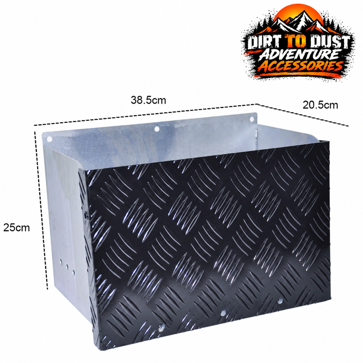 Galvanised battery box overall dimensions 38.5 by 20.5 by 25 centimetres