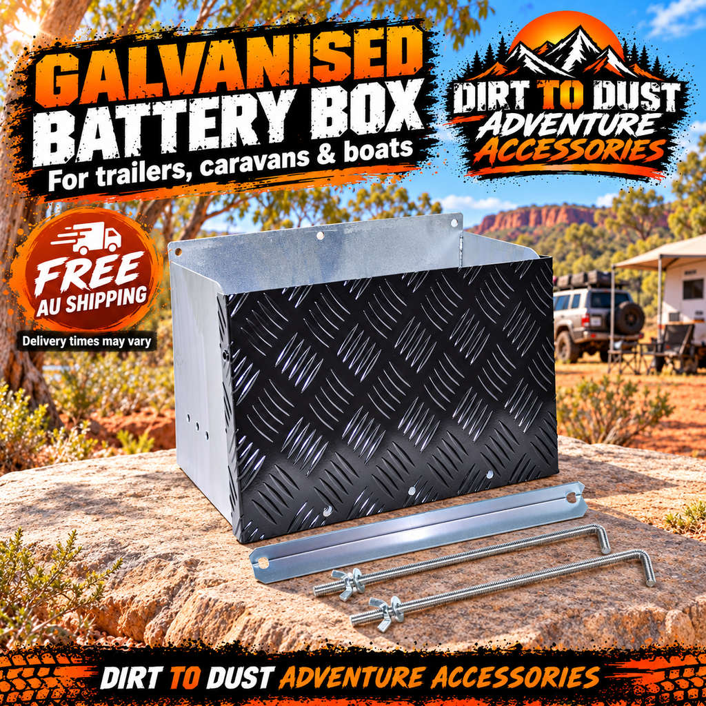 Dirt to Dust galvanised battery box with lid and included hardware, free Australian shipping