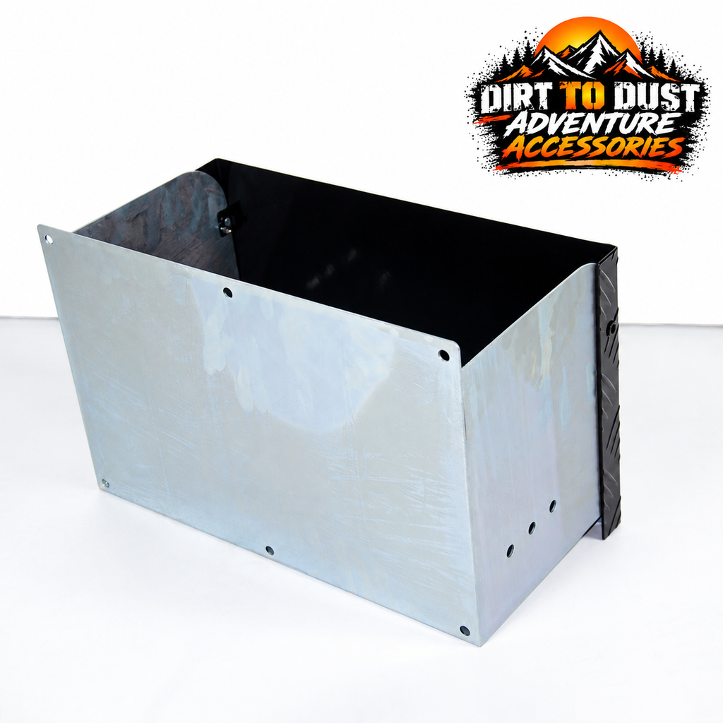 Galvanised battery box rear view with original Dirt to Dust Adventure Accessories logo