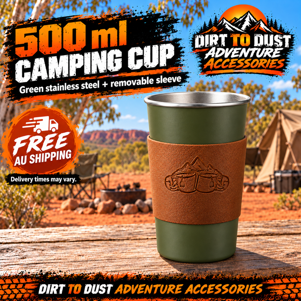 Dirt to Dust Adventure Accessories green 500 ml stainless steel camping cup with removable sleeve, free Australian shipping.