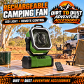 Green rechargeable camping fan with one base, LED light rim and remote, in a bright outdoor Dirt to Dust Adventure Accessories advertisement