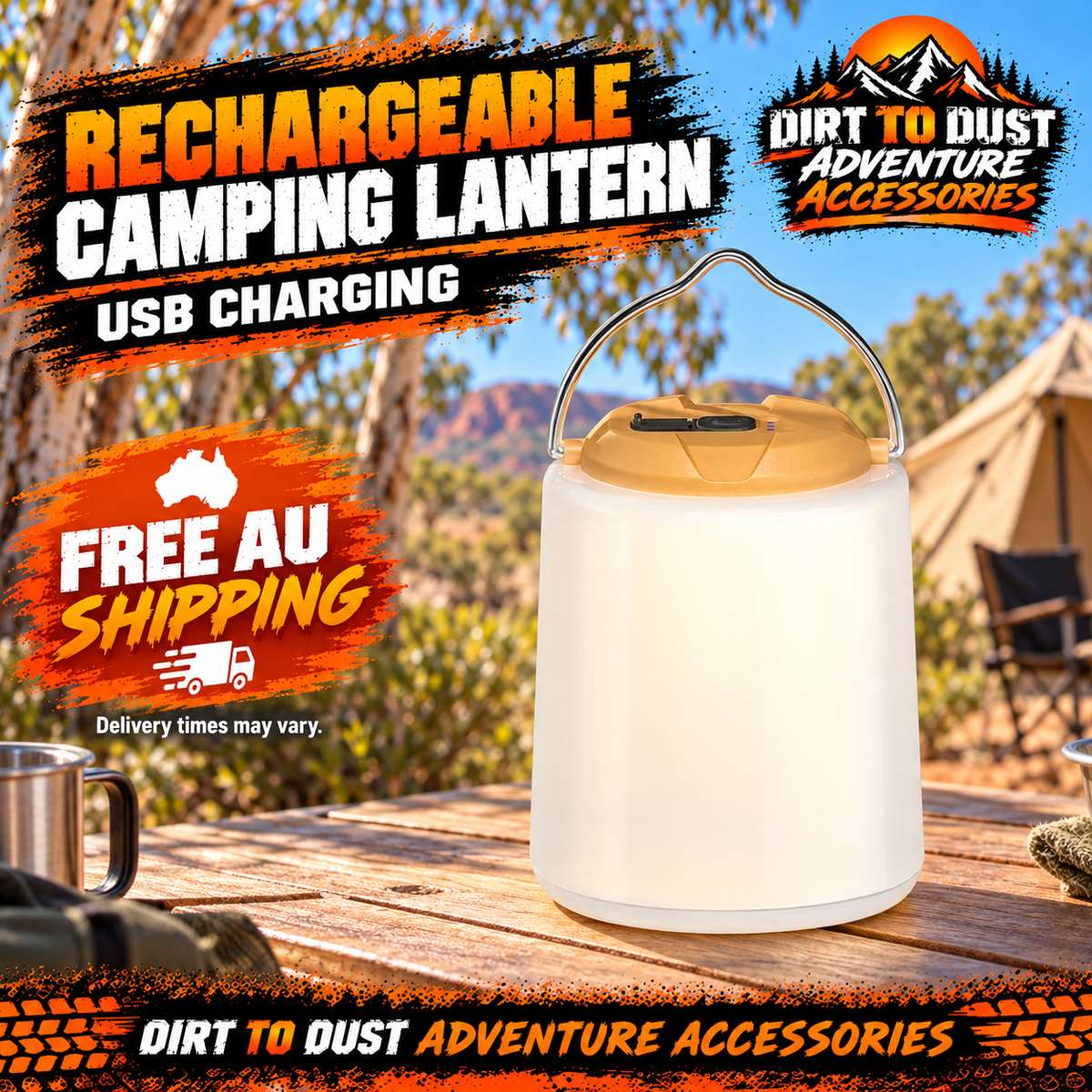 USB rechargeable hanging camping lantern with tan lid at an Australian campsite