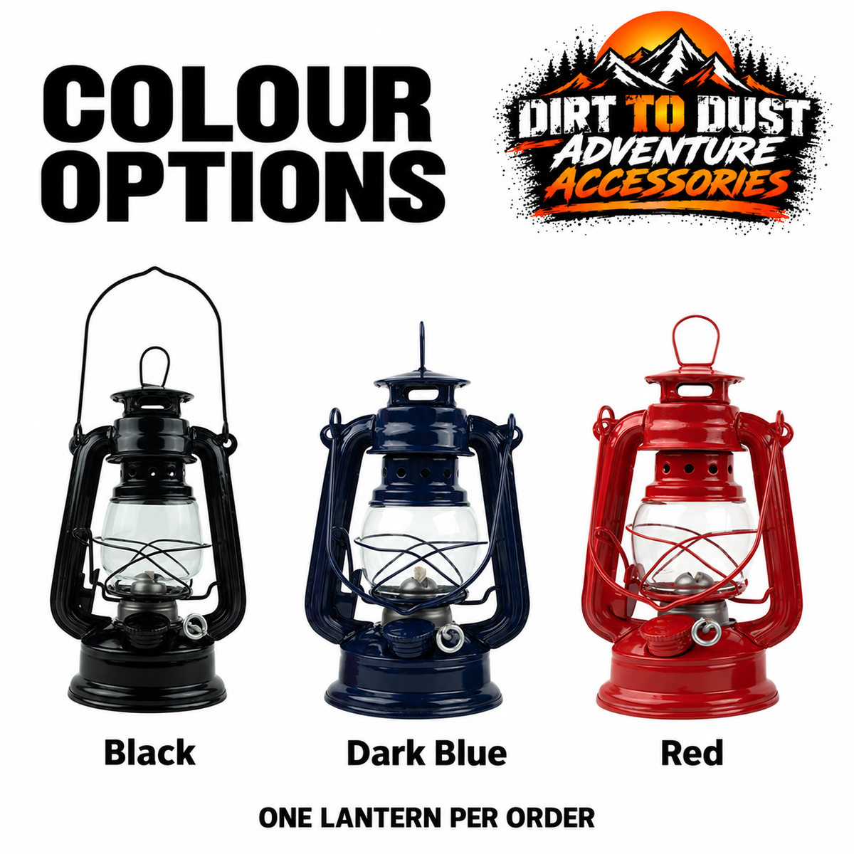 Black, Dark Blue and Red kerosene lantern choices; one lantern per order
