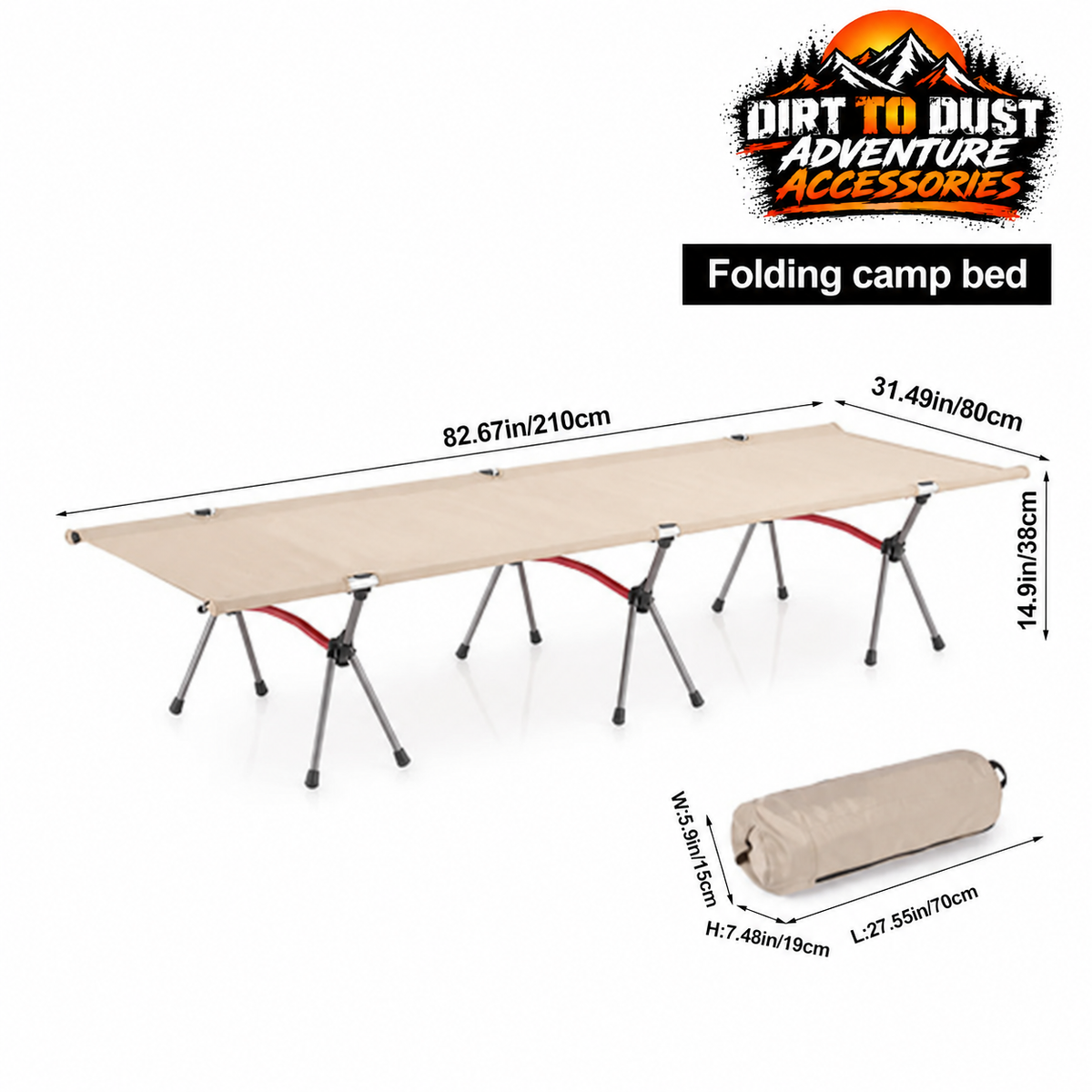 Khaki folding camping bed with carry bag and dimensions