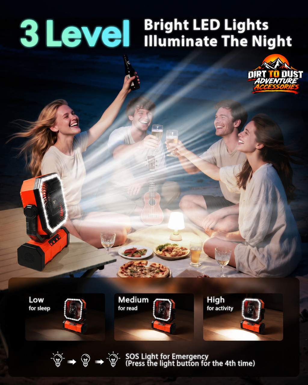 Orange rechargeable camping fan showing three LED light levels and SOS lighting with Dirt to Dust Adventure Accessories branding