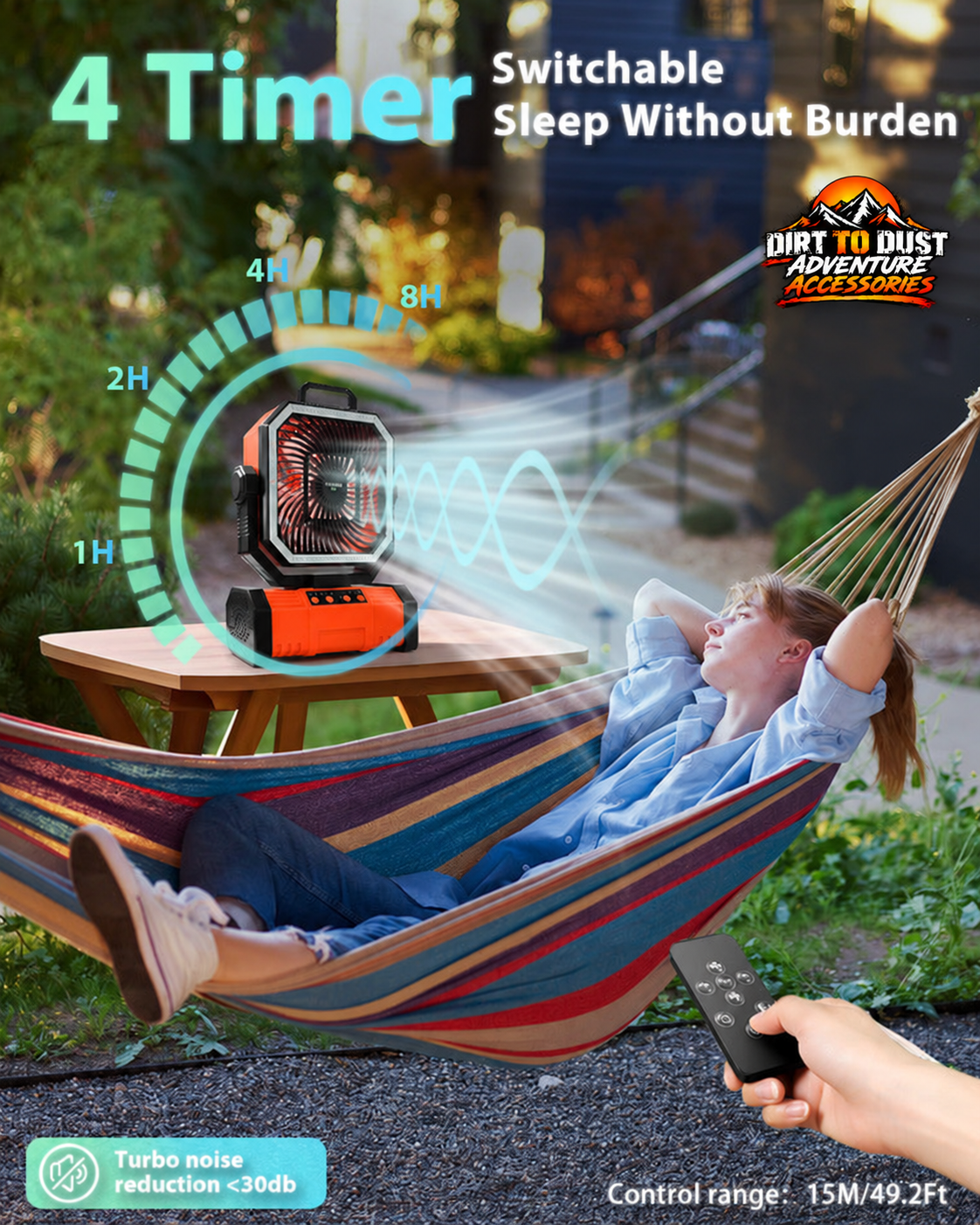Orange rechargeable camping fan with timer, remote control and hanging use with Dirt to Dust Adventure Accessories branding