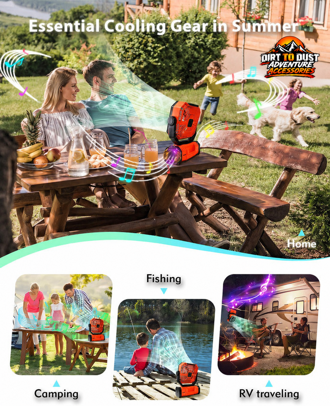Orange rechargeable camping fan shown for home, fishing, camping and RV use with Dirt to Dust Adventure Accessories branding