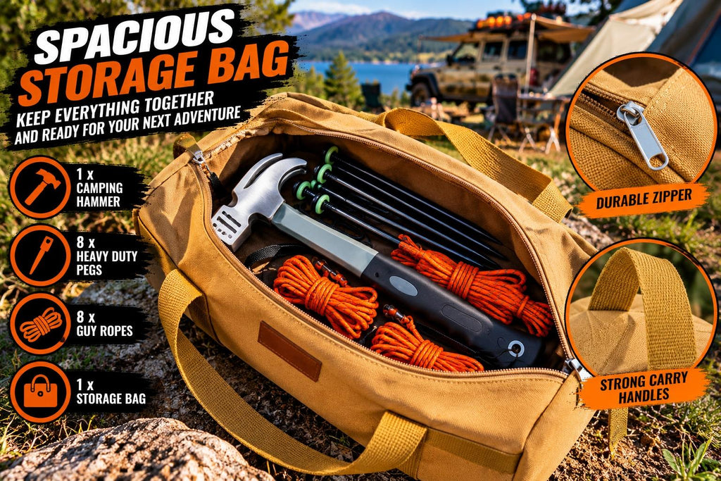 Dirt to Dust Camping Setup Kit – Tent Pegs, Guy Ropes, Hammer & Carry Bag