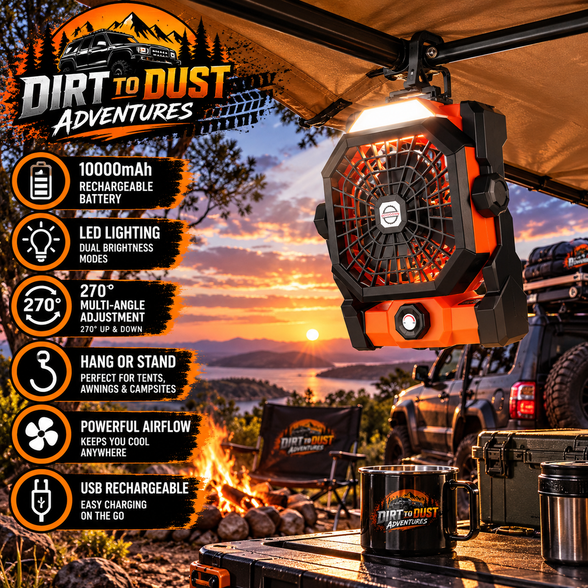 Dirt to Dust Adventure Accessories 10000mAh Rechargeable Camping Fan with LED Light – 270° Adjustable