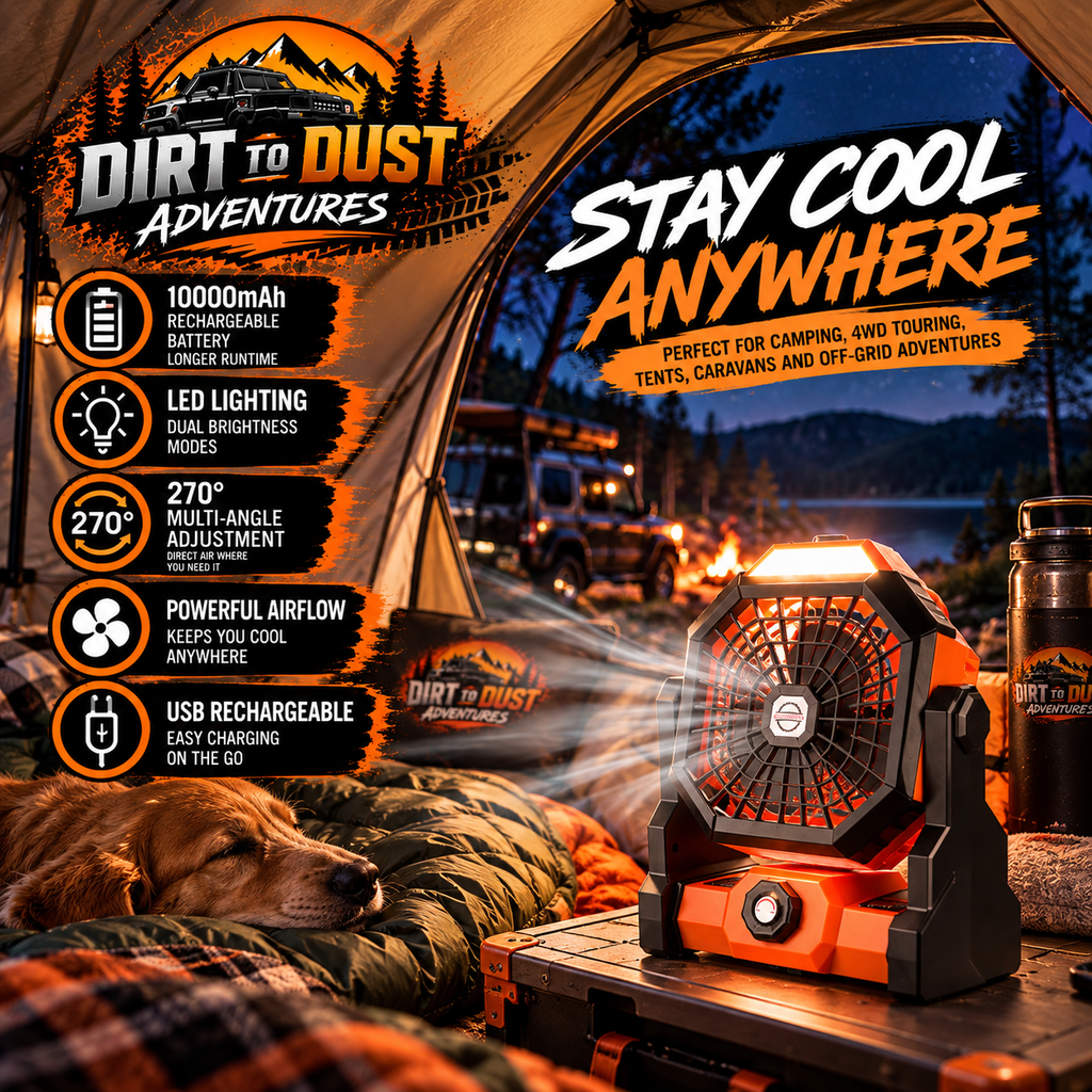 Dirt to Dust Adventure Accessories 10000mAh Rechargeable Camping Fan with LED Light – 270° Adjustable