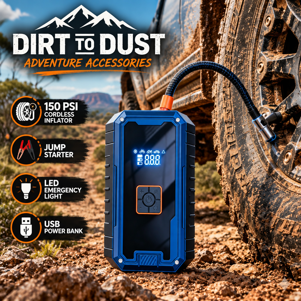 Dirt to Dust Adventure Accessories Portable Air Compressor & Jump Starter – 12V