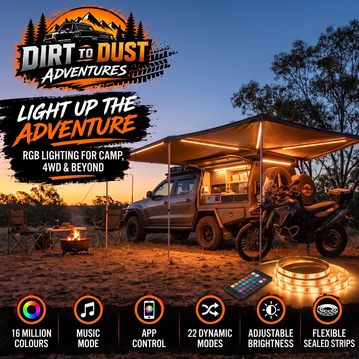 Dirt to Dust Adventure Accessories 12-Piece RGB Lighting Kit – 12V App & Music Sync