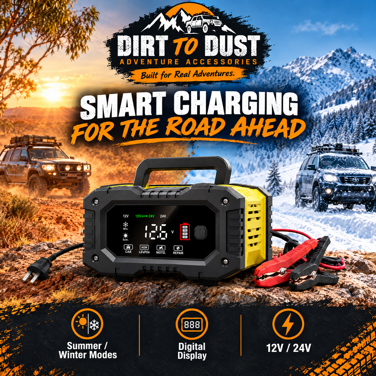 12V/24V Smart Battery Charger – 10A or 20A Options | Dirt to Dust Adventure Accessories